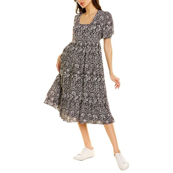 CELINA MOON Long Sleeve Floral Striped Midi Dress With Belt